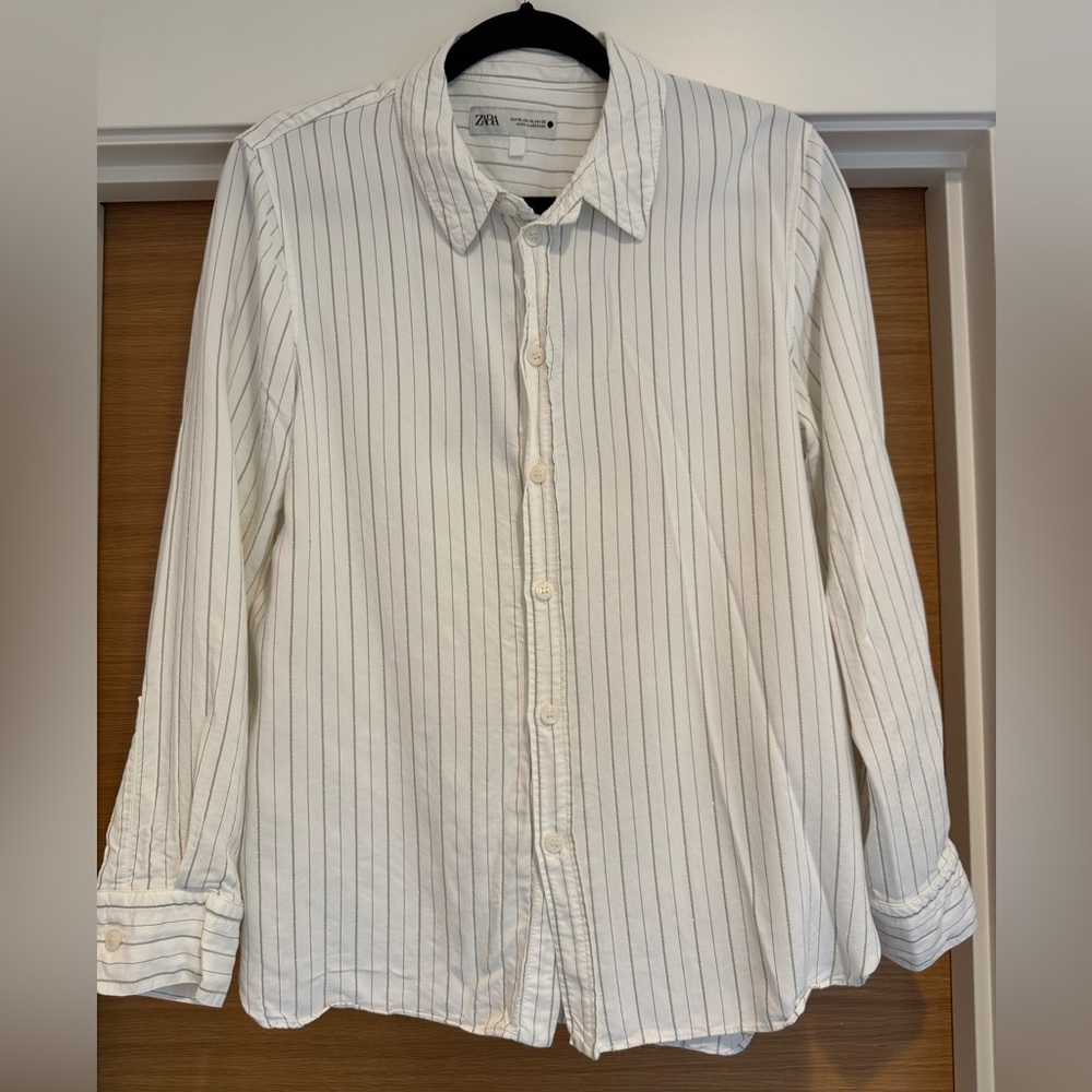 Zara Women's White Button Down Blouse with Metallic Stripe